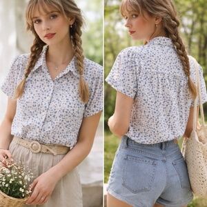 Vintage Y2K Deranged Blue Floral Cotton Shirt Medium Cottagecore